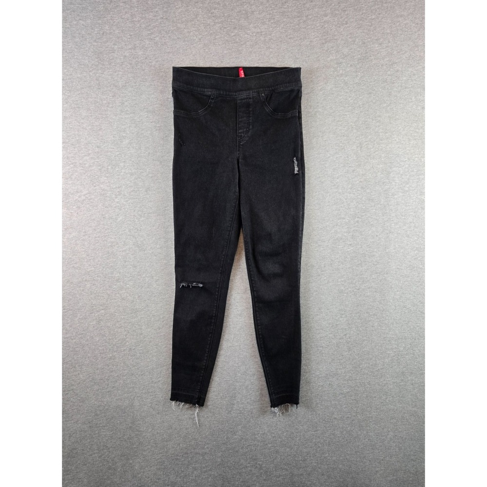 Spanx EveryWear Ankle Skinny Jeans Womens S Black Distressed Frayed Hem Jeggings